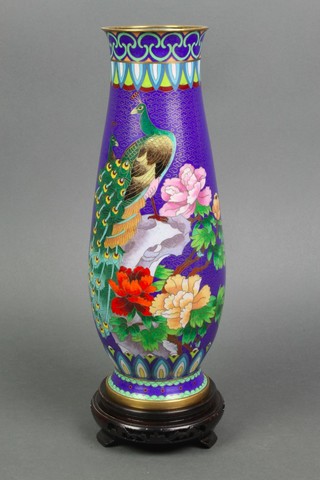 A Japanese blue ground cloisonne enamelled vase decorated figures of peacocks amidst flowering branches 12" Boxed