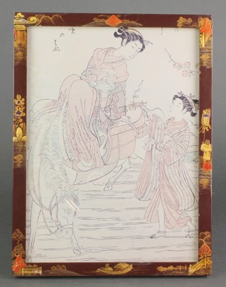 An early 20th Century Japanese lacquer frame decorated with garden views and figures enclosing a faded woodblock print 12 1/2" x 9 1/2" 