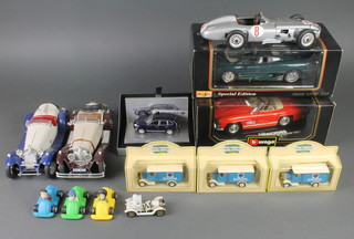 A Maisto model of a Jaguar XJ220, a Horse Club Great Britain model of a Cayennes S car boxed, 2 Burago model cars a Mercedes 300SL and Mercedes Benz SSK 1928, an Alfa Romeo 2300 1932 and other model cars 
