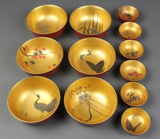 6 circular Chinese lacquered bowls decorated birds and flowers 4 1/2" together with 6 small ditto 2 1/2" (slight chips) 