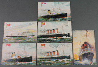 Lusitania, a postcard the reverse marked Cunard Line together with 2 JBW coloured postcards of the Lusitania both marked sunk in pencil and 3 JWB postcards White Star, Adriatic and Suevic 