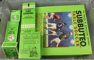A Subbuteo Continental Club edition football game boxed, a Subbuteo Team Leeds first team and 1 other, ditto corner kicker, TV tower CE110, fence surrounding C108, all boxed 