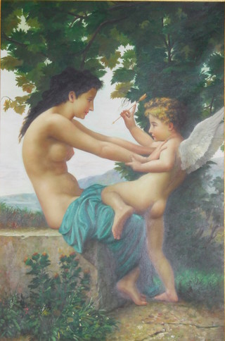 20th Century oil on canvas, a romantic study of a semi-clad lady and a cherub in a Continental garden landscape 35" x 23" 