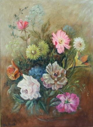Win Minett, oil on board, a still life study of a vase of flowers, signed 23" x 17" 
