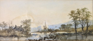 Edwardian watercolours, 4 river landscape with figures and buildings, separately framed, unsigned 5 1/2" x 12 1/2"