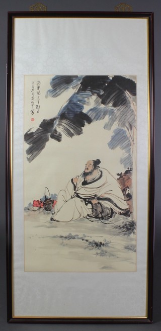 20th Century Chinese watercolour, study of a seated gentleman beneath a tree, signed 33" x 19" 
