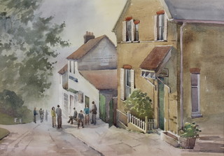 Dennis Dellow '81, watercolour, a study of a steep village street with figures before a pub, signed and dated 14 1/4" x 20 1/2" 