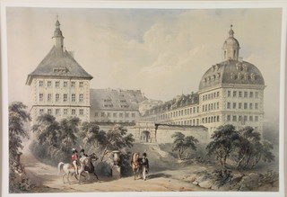A pair of 19th Century coloured prints, studies of soldiers before buildings, indistinctly signed 11" x 17" 