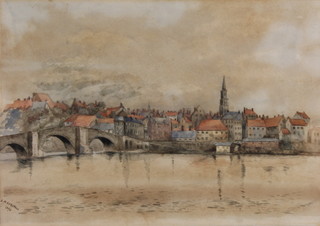 E M Horsfall 1894, watercolour, a Continental townscape beside a river, signed and dated 9 1/4" x 13 1/4" 