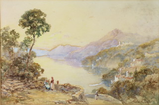 Andrea Vasaic, watercolour, a Continental lakeside scene with figures and buildings, signed, 11 1/2" x 17" 