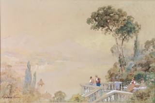 Andrea Vasaic, watercolour, a Continental lakeside scene with figures on a balcony, signed 11 1/2" x 17" 