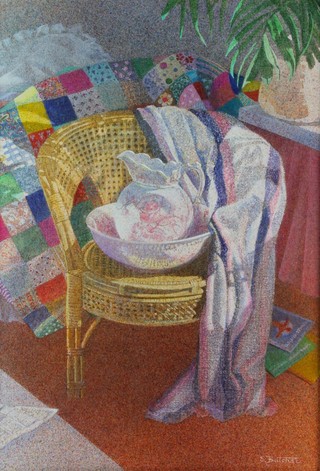 Sue Butcher, oil painting on board, a pointillist interior study of a wash jug and bowl on a wicker chair before a quilt, signed 19 1/2" x 13" 
