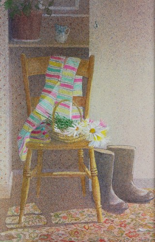 Sue Butcher, oil painting on board, a pointillist interior study of a still life and scarf on a kitchen chair beside a pair of Wellington boots, signed 17 1/2" x 11 1/2" 