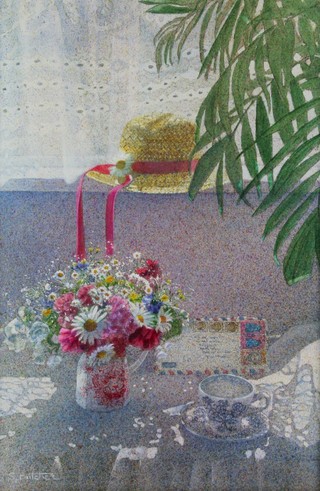 Sue Butcher, oil painting on board, a pointillist study of a vase of flowers beside a teacup and envelope, signed 17 1/2" x 11 1/2" 