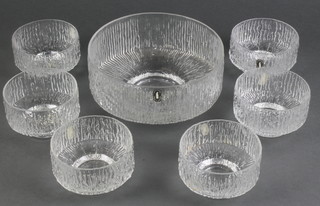 A Whitefriars ribbed glass fruit bowl 8" and 6 dessert bowls 4" 