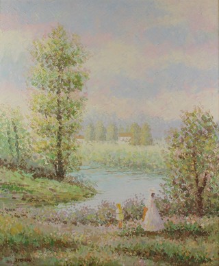 J Moreau, oil on board, an atmospheric landscape study with figures beside a lake, signed 23" x 18 1/2" 