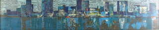 Richard Ackerman, acrylic on board, a stylish moonlit harbour scene, signed 8 1/2" x 43 1/2" 