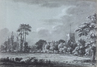 18th Century pencil drawing, a landscape study Langley Church 9" x 12" 