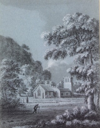 18th Century pencil and chalk drawing, a rural study with figures before a church, unsigned 10 x 9 1/2" 
