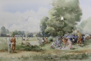 Douglas E West, watercolour, a rural cricket match, signed, 14 1/2" x 22" 