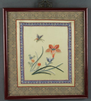 A Chinese silk embroidery of a butterfly amongst flowers, framed 9" x 8" 