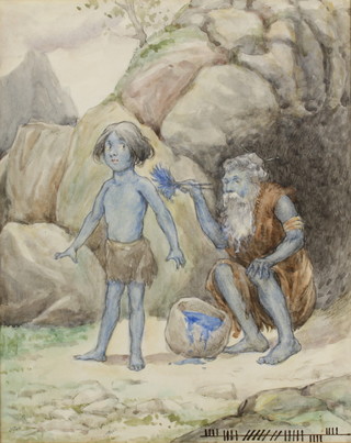 An early 20th Century book illustration watercolour, an unusual study of a blue painted hermit sitting before a cave painting a young boy blue, with a distant volcano, unsigned 8 1/2" x 6 1/2" 