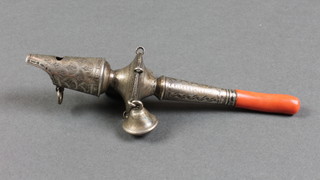 A 19th Century silver baby's whistle, rattle and teether with coral end, makers mark ML , rubbed hallmarks