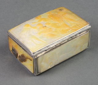 A 19th Century French silver mounted mother of pearl snuff box decorated with pierrots entertaining a crowd, the base decorated with landscape panels and musical instruments 2 3/4" x 2" 