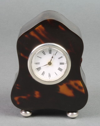 An Edwardian tortoiseshell and silver mounted bedroom timepiece on ball feet, London 1911, 4" 