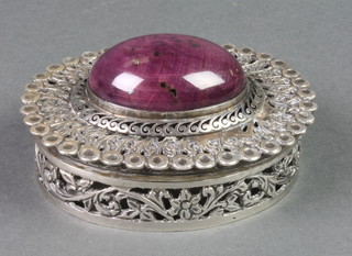 A Continental silver plated pierced oval box with cabochon hardstone mount 4" 