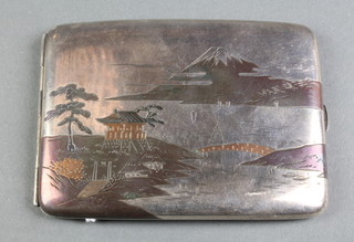 A Japanese silver 3 colour cigarette case with scenes of Mount Fuji, signed 120 grams 