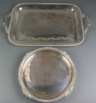 A 19th Century silver plated salver with scroll and gadroon rim 12", a 2 handled presentation tray 