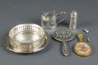 A glass butter dish with pierced silver surround, Birmingham 1916 4", a Continental silver card tray, a pepper and mustard with spoon, 2 miniature hand mirrors