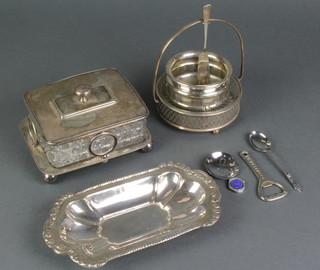 An Edwardian cut glass sardine box with plated mounts and minor plated items