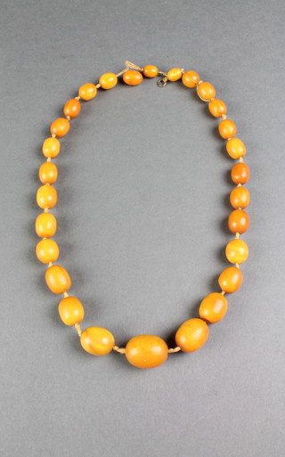 A string of butterscotch amber graduated barrel shaped beads, the largest 22mm x 17mm, the smallest 10mm x 8mm, 19 1/2"l, 40g