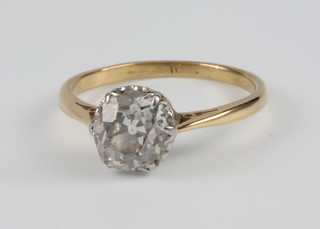An 18ct yellow gold mine cut single stone diamond ring approx. 1.5ct, size N