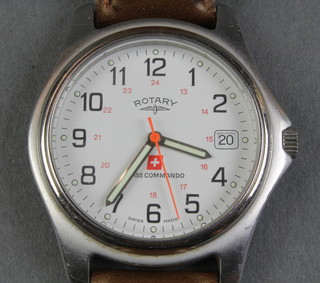 A gentleman's steel cased Rotary Swiss Commando calendar wristwatch on a leather strap 