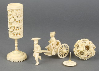 A Chinese carved ivory concentric ball decorated with flowers 1 3/4", a similar circular stand and a Japanese carved ivory group of a man pulling a chair with a seated lady 