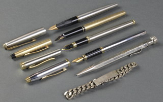 A gentleman's Cross gold plated fountain pen with 14ct gold nib, a steel cased ditto, 2 others, a propelling pencil and a silver identity bracelet, 36 grams