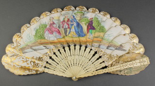 A 19th Century French bone fan, the painted decoration with figures in an extensive country house garden, the end terminal having a repousse gilt box with shell lid 10" 