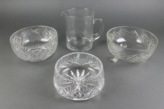 A cut glass fruit bowl 6 1/2", 2 others 8" and a clear glass jug 9" 