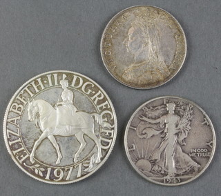 A silver 1977 commemorative crown, 2 other coins 