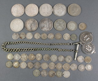 A silver Albert watch chain hung 3 coins, other coins, minor pre 1947 and foreign etc 