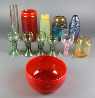 A Boda red glass cylindrical vase 8", a quantity of studio glassware 