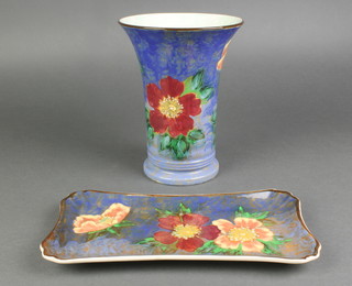 A Royal Doulton flared neck vase, the blue ground decorated with flowers 8 1/2", a ditto rectangular tray 11"