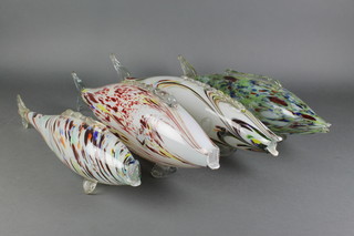 Four 20th Century Continental coloured glass fish 19", 21", 21" and 24" 