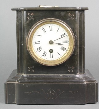 A Victorian French 8 day timepiece with enamelled dial and Arabic numerals contained in a black marble case 