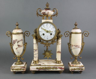 A 19th Century French 3 piece clock garniture with 8 day striking movement, contained in a marble case with gilt metal mounts surmounted by a lidded urn, the dial marked R.F.A. Besancon, together with a pair of urns 
