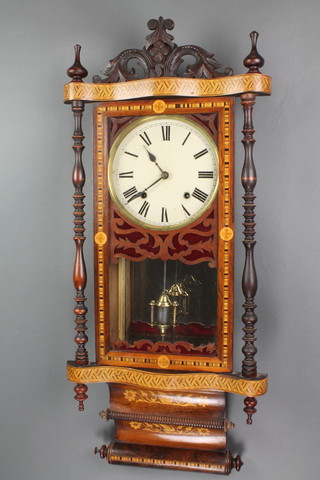 An American 19th Century 30 hour striking wall clock with 8 1/2" rectangular painted dial contained in an inlaid mahogany case 