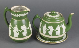 A Carlton Ware 3 colour moulded teapot, ditto jug and plate 